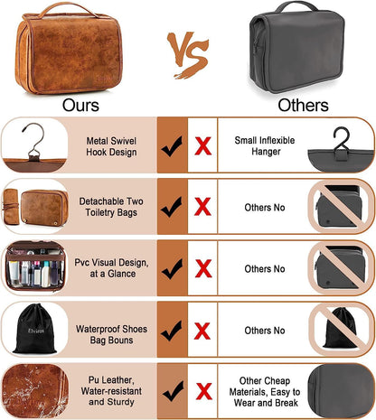 Elviros Hanging Toiletry Bag for Men PU Leather Shaving Dopp Kit (Brown)