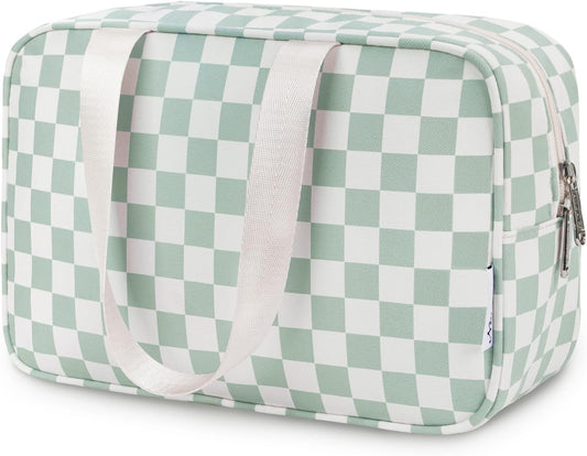 Narwey Large Capacity Travel Toiletry Bag Women, Checkered Makeup Bag with Handle, Portable Make up Cosmetic bag Organizer, Travel Bag for Toiletries, Skincare, Medicine, Essentials (Green Checker)