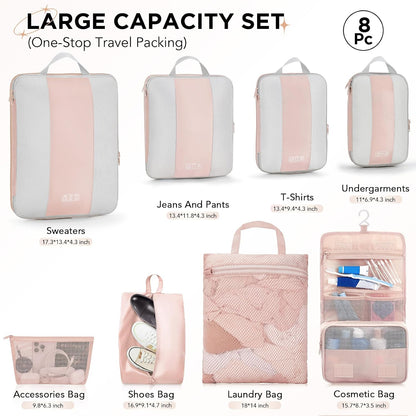 OlarHike 8 Set Compression Packing Cubes for Travel Gifts Mom Women,Airplane/Car/Cruise Travel Essentials,Compressible Expandable Space Saver Bags,Garment Bags with Over 1000 pcs Mesh Holes(Beige)
