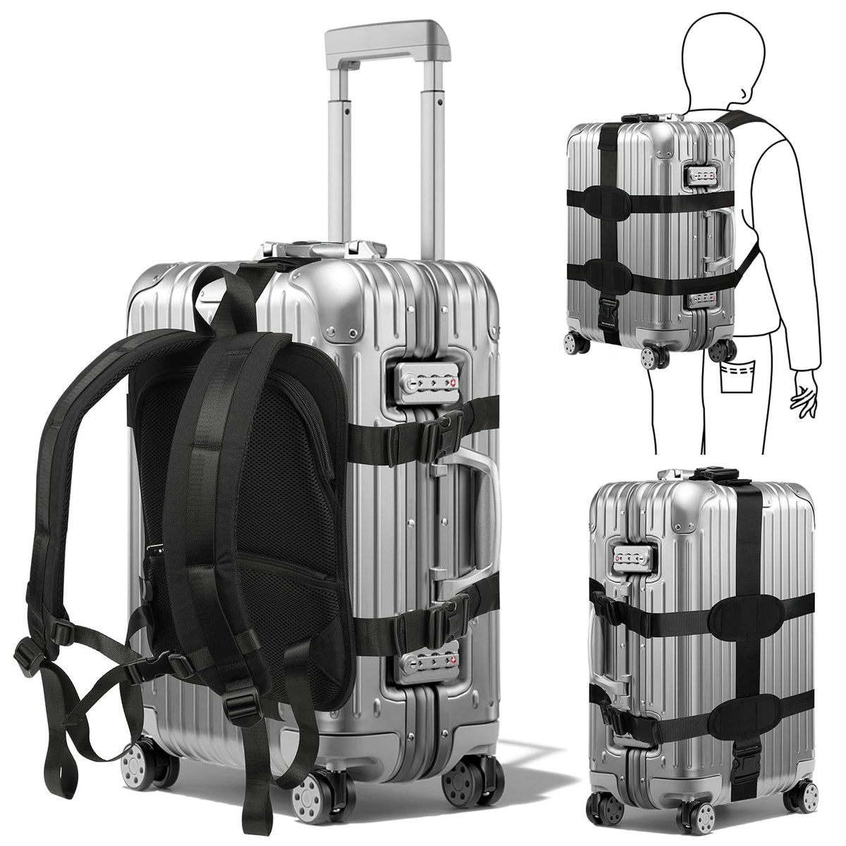 Heavy-Duty Backpack Carrying Straps System for 22-30 Inch Suitcase Luggage Hardcase for Adventure Travel Cobble Stone Streets Stair - L