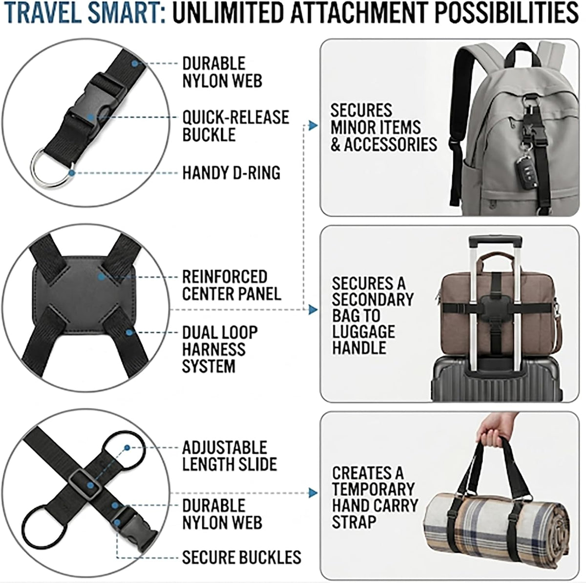 6 Pcs Travel Luggage Straps for Suitcases, Add a Bag Gear Connector Set