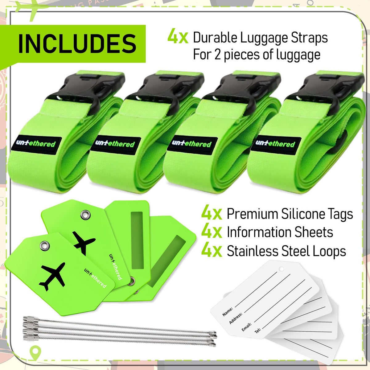 Untethered Travel Set: Luggage Straps & Silicone Tags, 4-Pack, Green