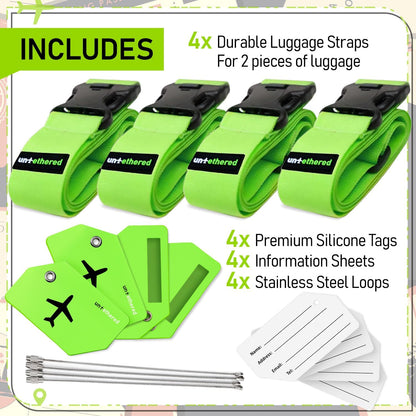 Untethered Travel Set: Luggage Straps & Silicone Tags, 4-Pack, Green