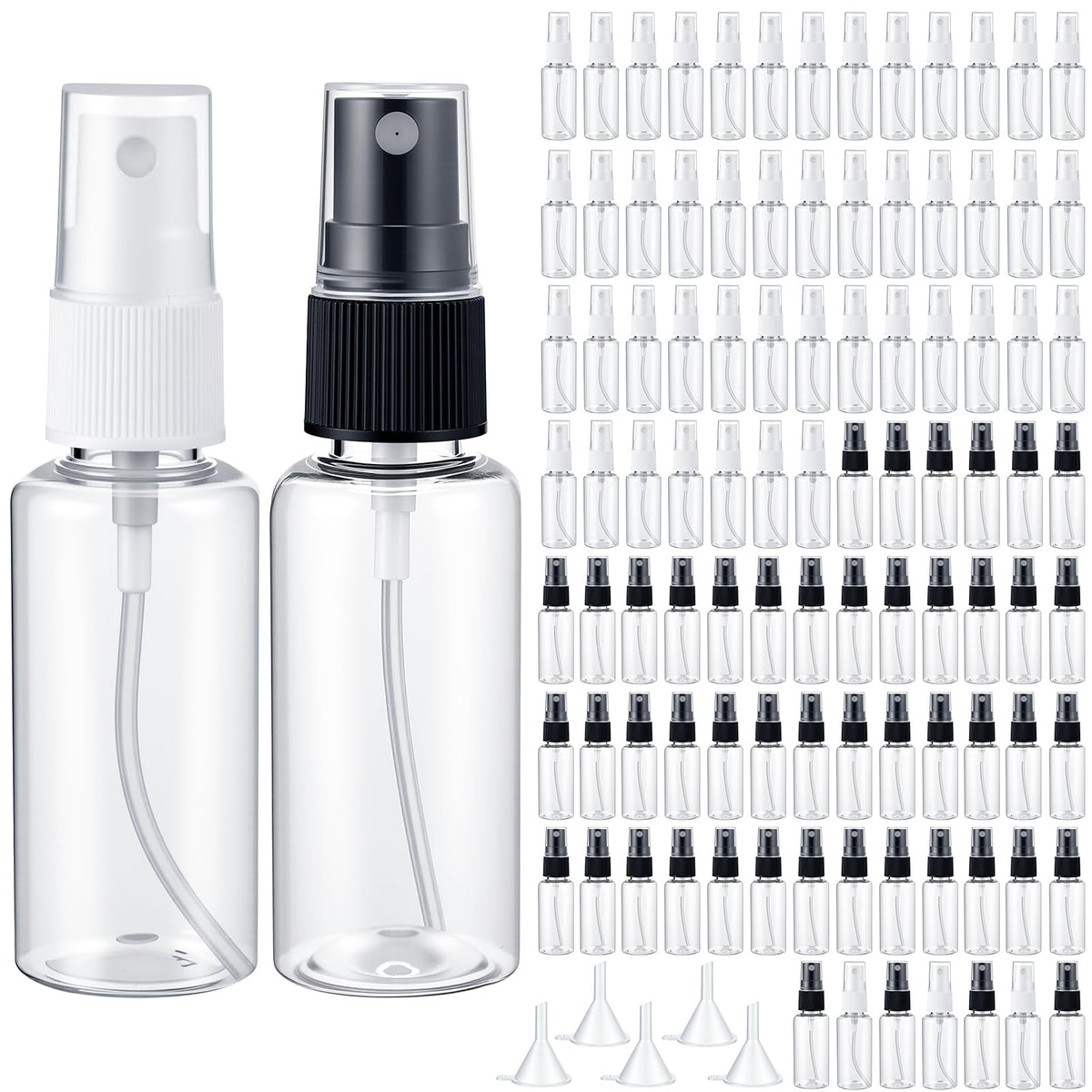 Maxcheck 200 Pcs Mini Clear Spray Bottles 1 oz Plastic Empty Travel Bottle Fine Mist Small Spray Containers with 5 Pcs Funnels Refillable Liquid Travel Container for Perfume Skin Toner (Black)