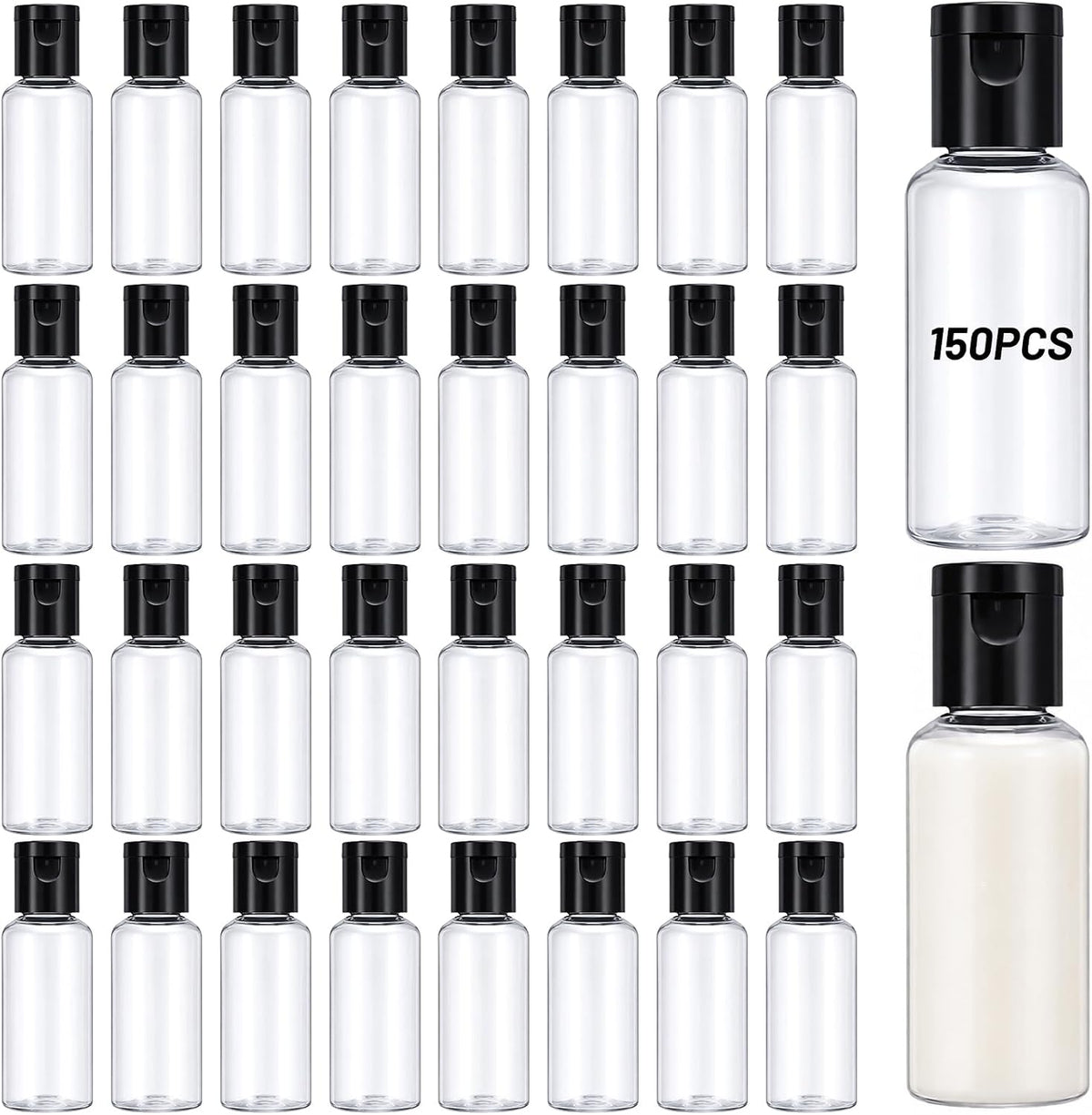 150 Pcs 1oz Small Travel Bottles, Clear Plastic Refillable Empty Containers with Black Cap for Shampoo, Lotion, Body Soap, Cream, Toiletries, Leak Proof Squeeze Bottles