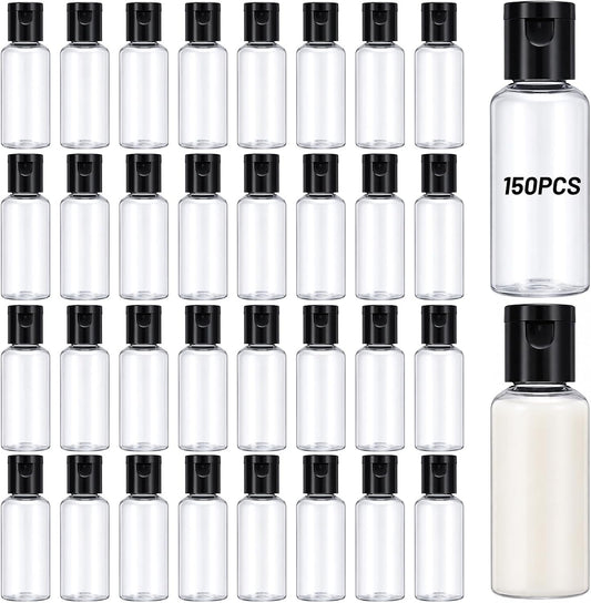 150 Pcs 1oz Small Travel Bottles, Clear Plastic Refillable Empty Containers with Black Cap for Shampoo, Lotion, Body Soap, Cream, Toiletries, Leak Proof Squeeze Bottles