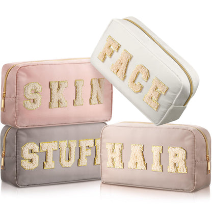 Preppy Makeup Bags Chenille Letter Stuff Bag Nylon Cosmetic Pouch Cases with Zipper for Women Travel Toiletry(Brown Set,Classic,4 Pcs)