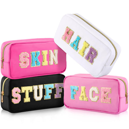 Preppy Makeup Bags Chenille Letter Stuff Bag Nylon Cosmetic Pouch Cases with Zipper for Women Travel Toiletry(Brown Set,Classic,4 Pcs)