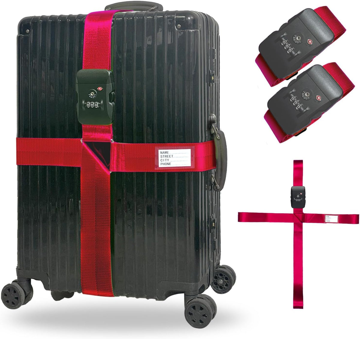Luggage Straps TSA Approved with Lock,Suitcase Straps with Tags(Red 2 Pack)