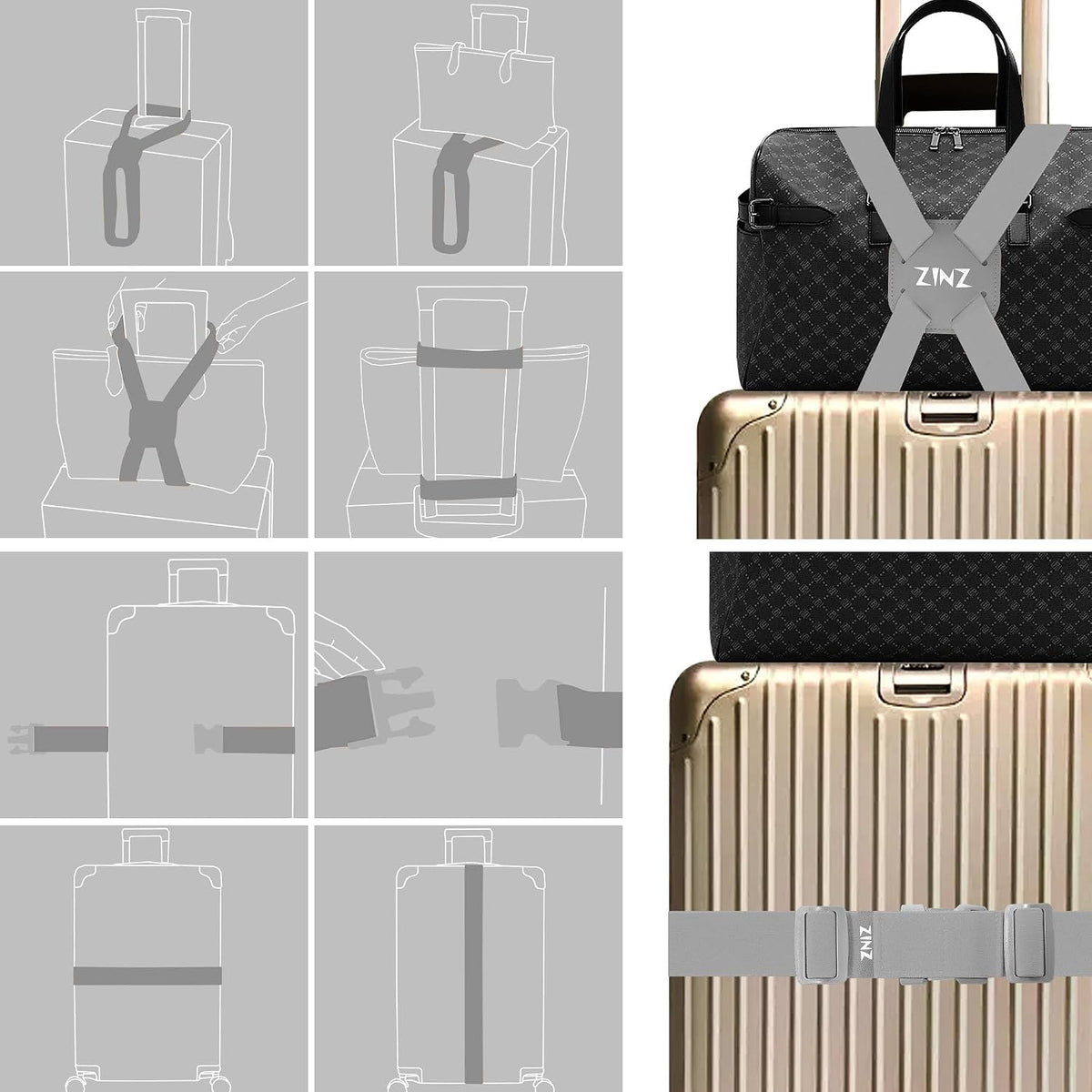 ZINZ 2-Pack High Elastic Luggage Strap Adjustable Suitcase Belt,Gray