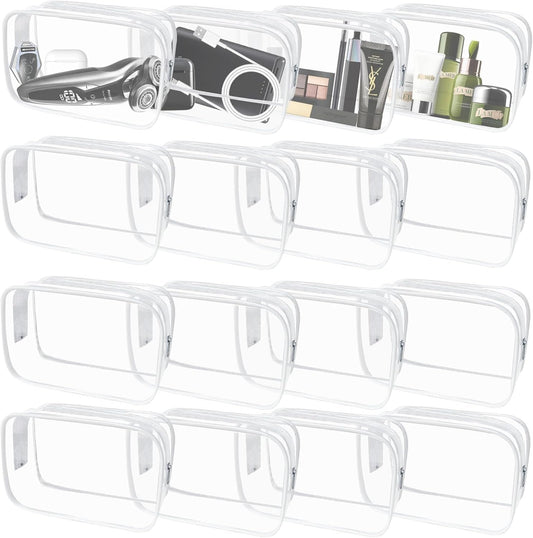 16 Pieces Clear Makeup Bags Bulk, TSA Approved Toiletry Bag for Travel, PVC Waterproof Cosmetic Pouches Clear Pouch with Zipper for Men and Women Carry-on Travel Essentials Cosmetic Bags (White-M)