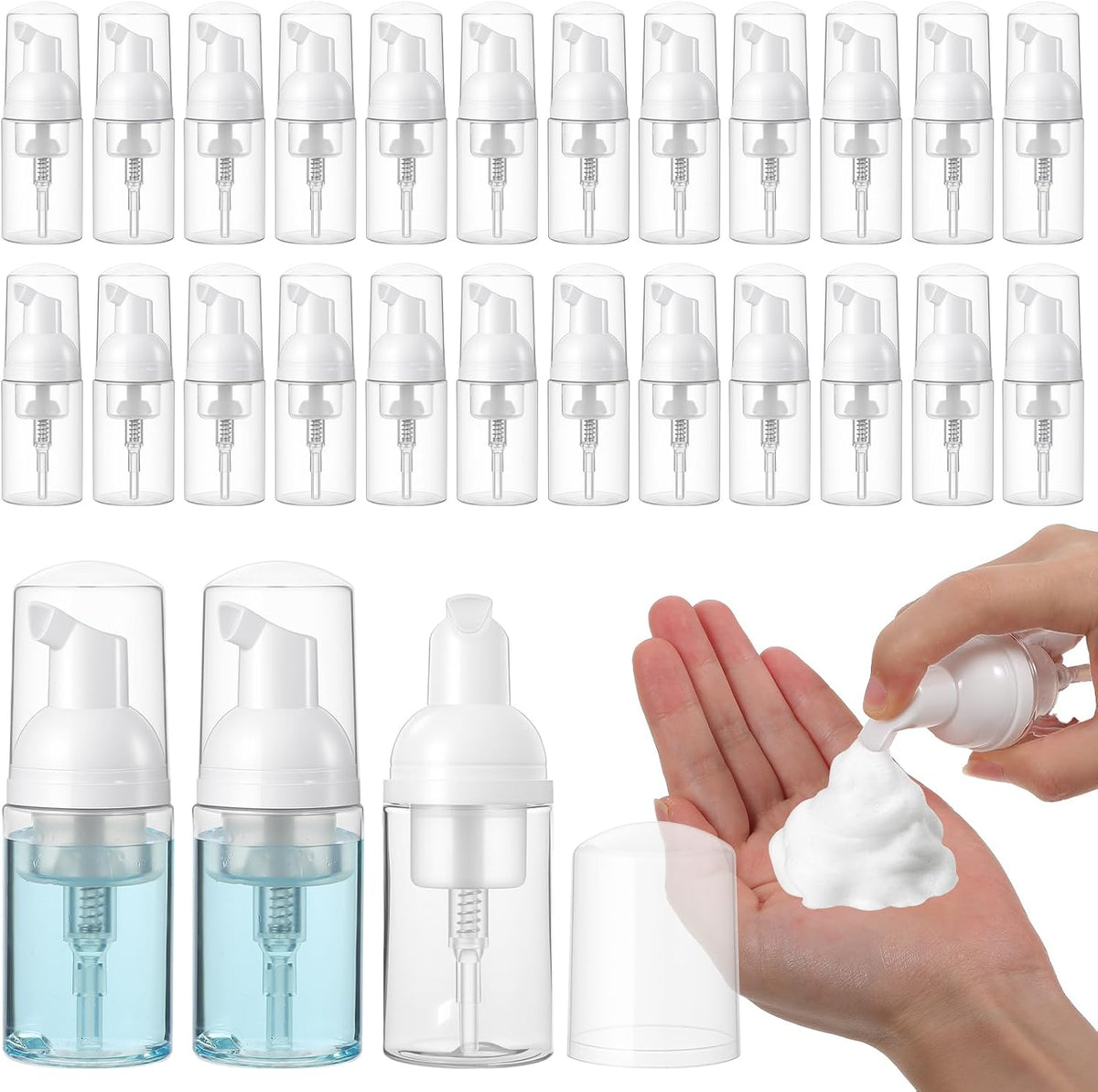 30 Pcs 1 Oz/30 ml Refillable Empty Foam Pump Bottles, Clear Plastic Travel Size Mini Dispensers for Cosmetics and Soap