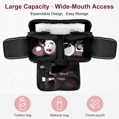 Travel Makeup Bag, Portable Travel Bag with Hanging Hook for Women, Waterproof and Hanging Toiletry Bags Travel Organizer Accessories for Travel Essentials,Black