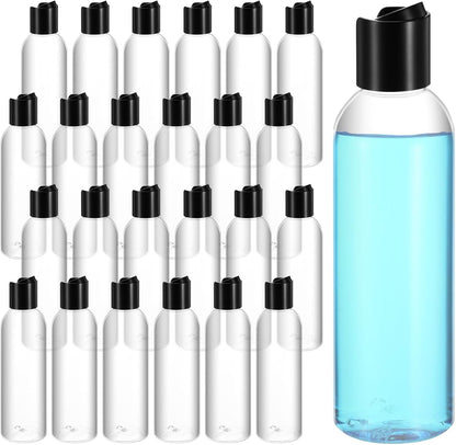 24 Pcs 6.8 oz (200ml) Plastic Empty Bottles Clear PET Refillable Travel Bottles with Disc Top Caps – Leakproof Squeeze Containers for Shampoo, Lotion, Cream & Toiletries