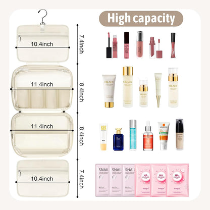 YOPCDJ PU Leather Waterproof Travel Toiletry Bag with Jewelry Organizer, Hanging Travel Bag for Toiletries,Cosmetic Bags for Women Toiletries Organizer with 4 Compartments Portable Travel Essentials