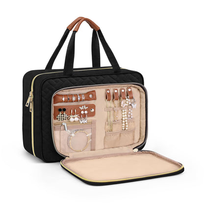 Wedama Toiletry Bag for Women, Hanging Travel Toiletry Bag with Jewelry Organizer Compartment Large Makeup Bag, PVC Waterproof Cosmetic Travel Bag for Travel Business Trips Camping Bathroom, Black