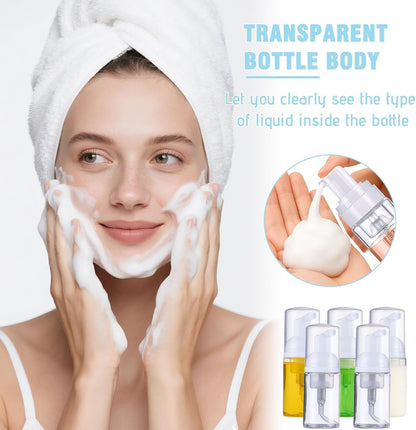 50 Pcs Foam Pump Bottle 1 oz Small Size Mousse Foam Soap Dispenser,Clear Plastic Empty Refillable Mini Foam Pump Bottle for Face Wash Shampoo Skin Care with 160 Labels（30 ml）