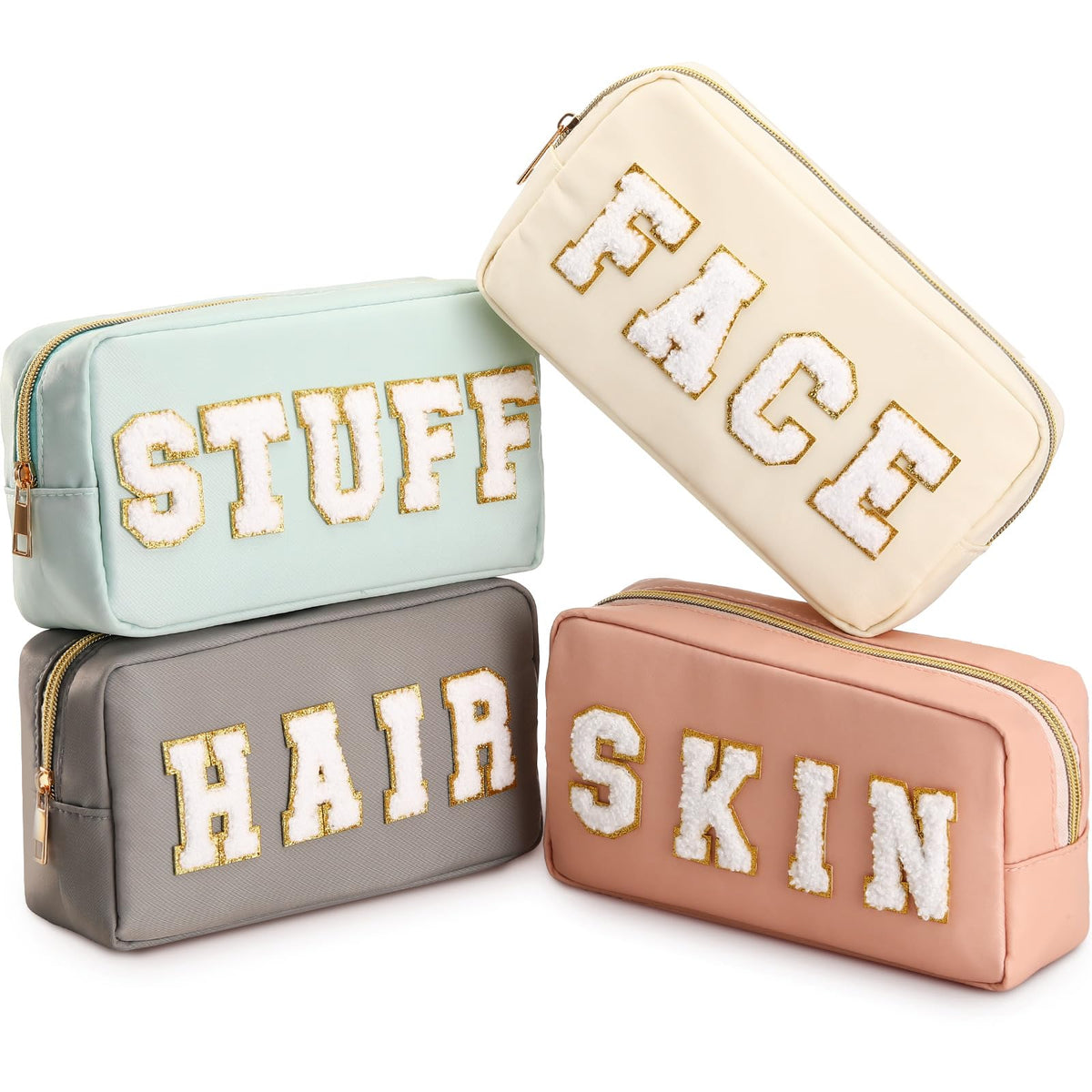 Preppy Makeup Bags Chenille Letter Stuff Bag Nylon Cosmetic Pouch Cases with Zipper for Women Travel Toiletry(Brown Set,Classic,4 Pcs)