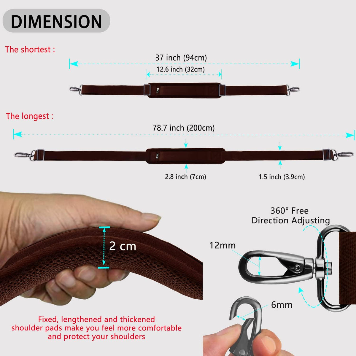 ZINZ 79 inch Shoulder Strap, Extra-thick Fixed Cushion Pad and Dual Clasps Universal Replacement Strap with Metal Swivel Hooks for Laptop Bags, Luggage Bags, Camera, Crossbody (200cm,Brown)