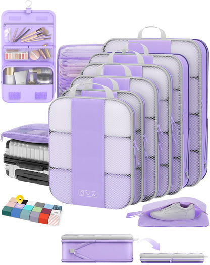OlarHike 8 Set Compression Packing Cubes for Travel Gifts Mom Women,Airplane/Car/Cruise Travel Essentials,Compressible Expandable Space Saver Bags,Garment Bags with Over 1000 pcs Mesh Holes(Beige)
