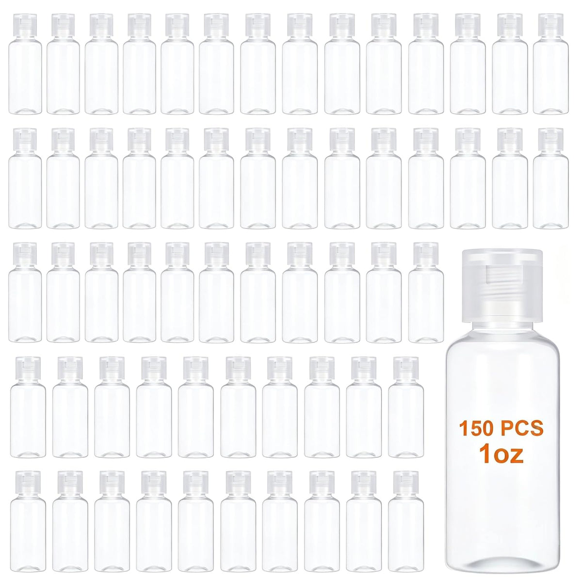 150 Pcs 1 oz Travel Bottles - Small Lotion Containers with Lids, 30ml Clear Plastic Refillable Empty Containers for Toiletries, Shampoo, Lotion, Cream & Liquid Soap (White Cap)