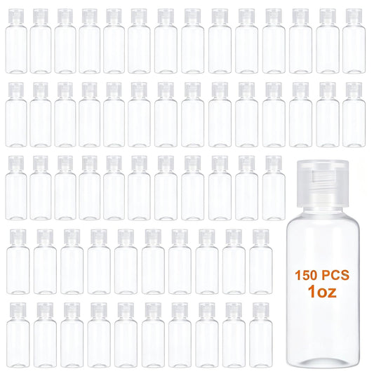 150 Pcs 1 oz Travel Bottles - Small Lotion Containers with Lids, 30ml Clear Plastic Refillable Empty Containers for Toiletries, Shampoo, Lotion, Cream & Liquid Soap (White Cap)