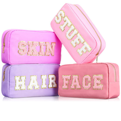 Preppy Makeup Bags Chenille Letter Stuff Bag Nylon Cosmetic Pouch Cases with Zipper for Women Travel Toiletry(Brown Set,Classic,4 Pcs)