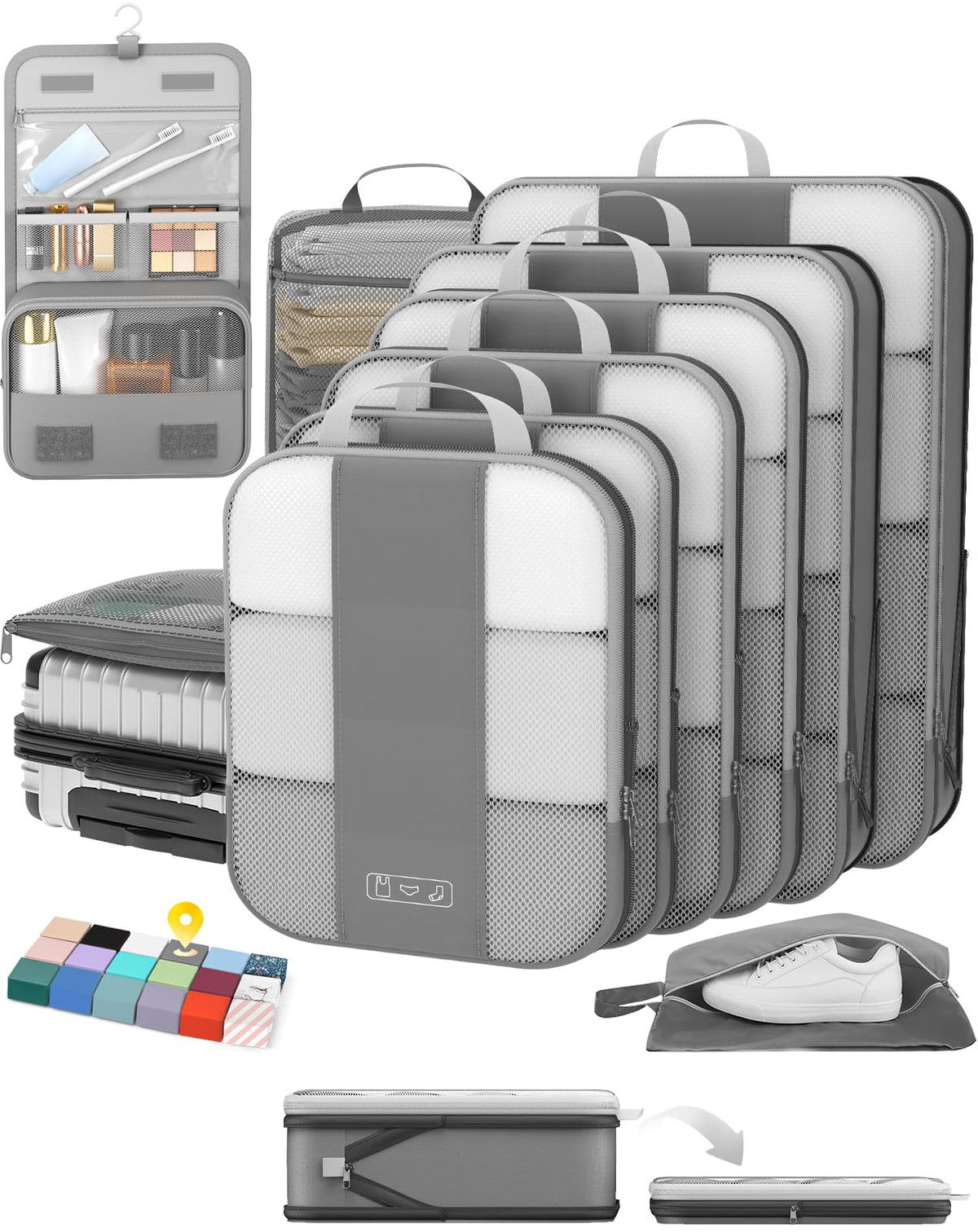 OlarHike 8 Set Compression Packing Cubes for Travel Gifts Mom Women,Airplane/Car/Cruise Travel Essentials,Compressible Expandable Space Saver Bags,Garment Bags with Over 1000 pcs Mesh Holes(Beige)