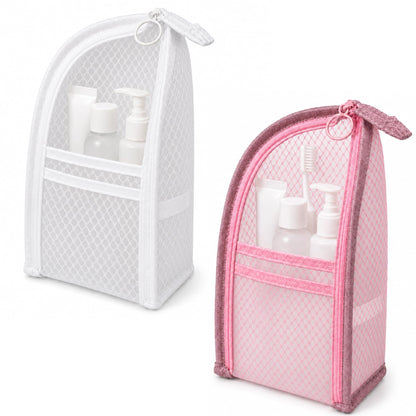 Standing Toiletry Bag Set, 4 Pack Portable EVA Mesh Travel Toiletry Pouches with Elastic Straps and Hanging Hole, Waterproof Makeup Organizer for Women Men - White Black Gray & Pink