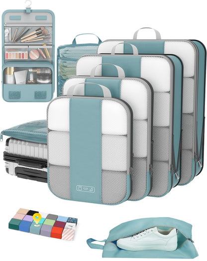 OlarHike 8 Set Compression Packing Cubes for Travel Gifts Mom Women,Airplane/Car/Cruise Travel Essentials,Compressible Expandable Space Saver Bags,Garment Bags with Over 1000 pcs Mesh Holes(Beige)