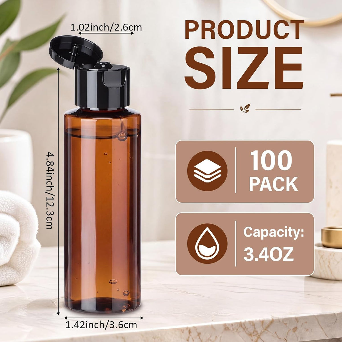 Gisafai 100 Pack Amber Empty Lotion Bottles 3.4oz Squeeze Bottles