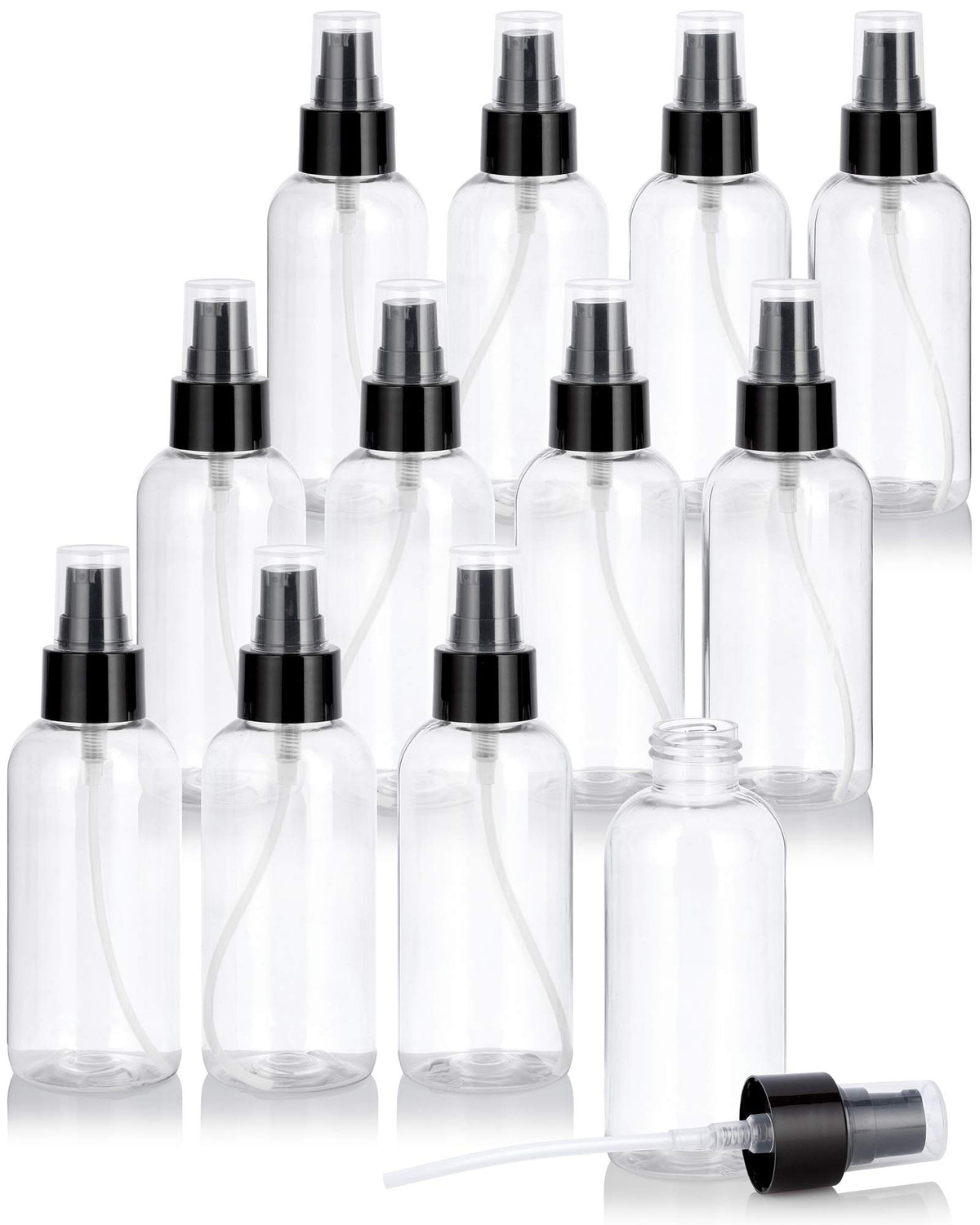 JUVITUS 4 oz / 120 ml Clear Plastic PET Boston Round Bottle (BPA Free) with Black Treatment Pump (12 pack)