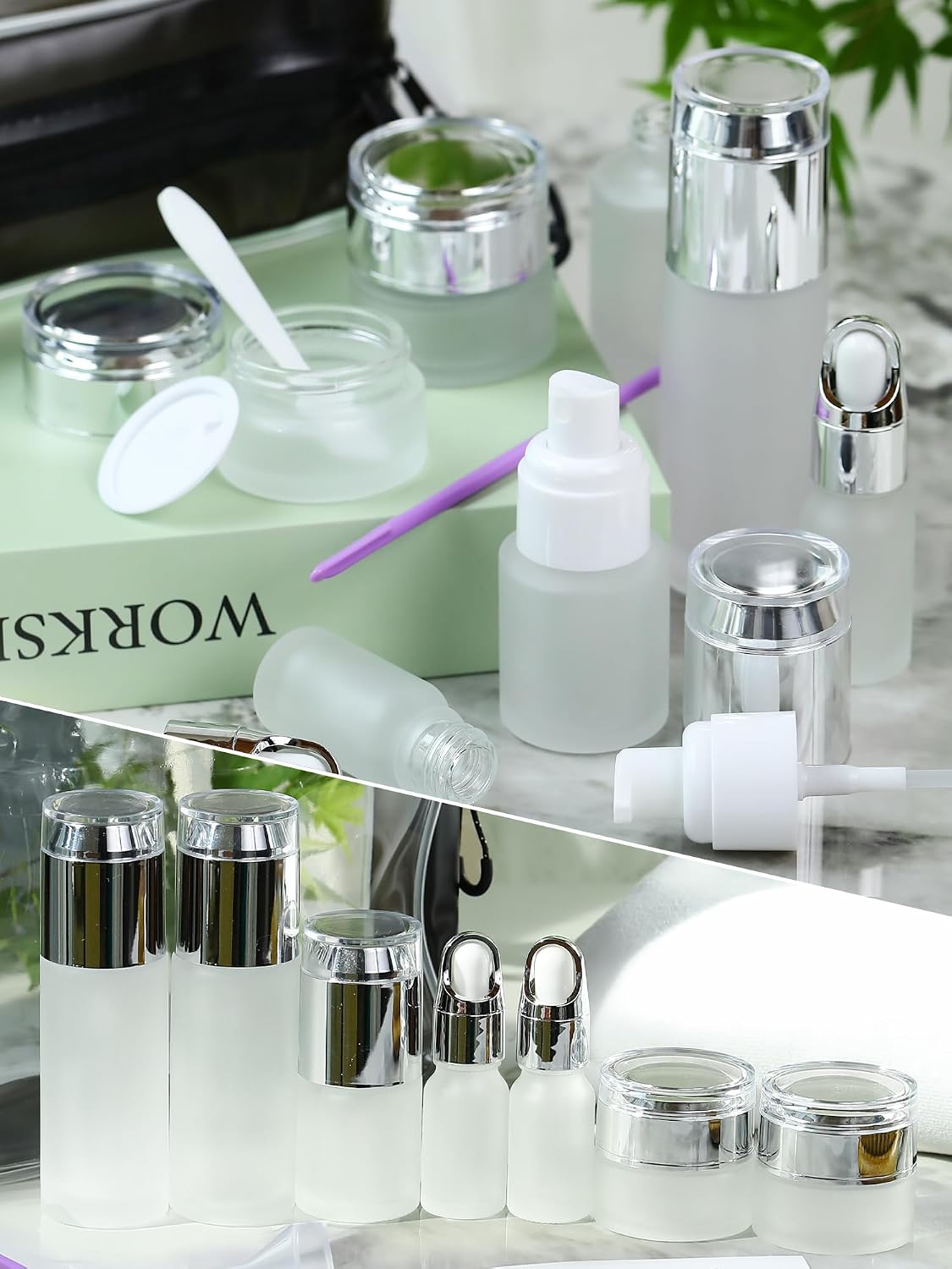 Glass Travel Bottles for Toiletries, TSA Approved, Leak Proof Refillable Travel Size Containers with Pump Spray Dropper Jars for Skincare Lotion Cream or Shampoo
