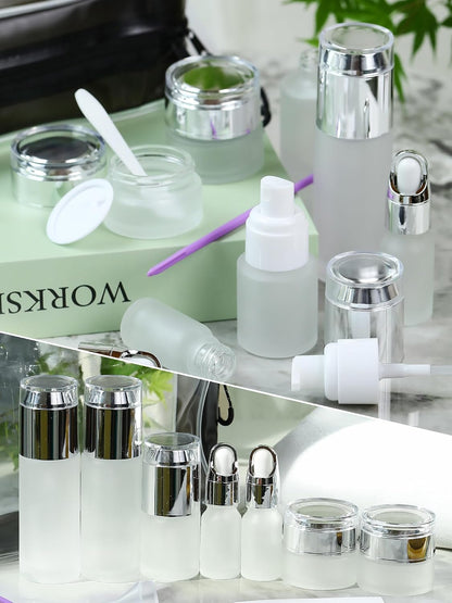 Glass Travel Bottles for Toiletries, TSA Approved, Leak Proof Refillable Travel Size Containers with Pump Spray Dropper Jars for Skincare Lotion Cream or Shampoo