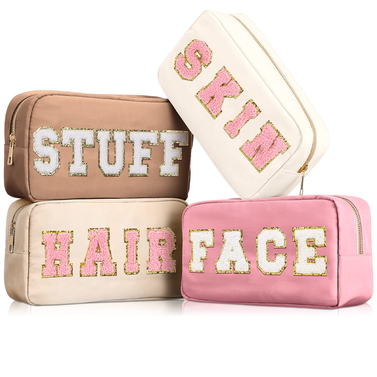 Preppy Makeup Bags Chenille Letter Stuff Bag Nylon Cosmetic Pouch Cases with Zipper for Women Travel Toiletry(Brown Set,Classic,4 Pcs)