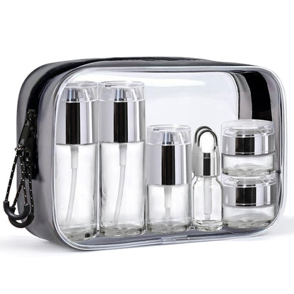 Glass Travel Bottles for Toiletries, TSA Approved, Leak Proof Refillable Travel Size Containers with Pump Spray Dropper Jars for Skincare Lotion Cream or Shampoo