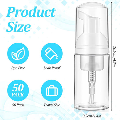 50Pcs Foam Pump Bottle 1oz Refillable Dispenser Bulk Travel Size Plastic Mini Empty Foaming Bottles 1 oz Portable Clear Foaming Pump Bottle for Lash Shampoo, Cleaning, Cosmetics (30ml)