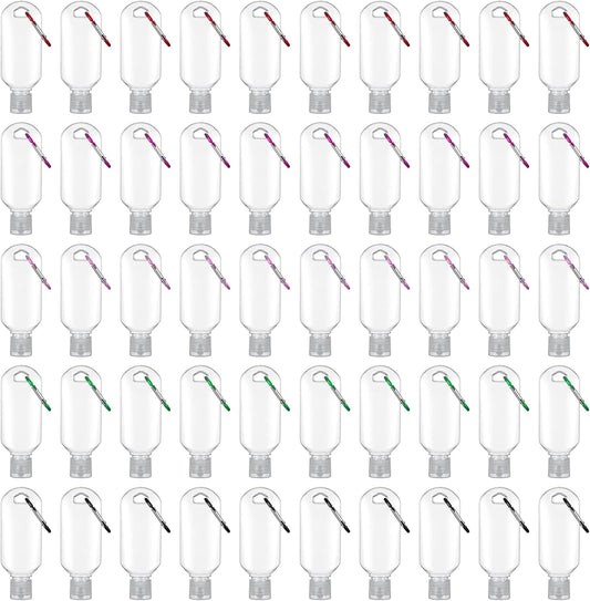 50 Pcs Traveling Bottles with Keychain 2oz Clear Keychain Bottle Plastic Keychains Empty Refillable Liquid Packing Container Squeeze Plastic Bottle with Lid for Liquid Cream (Rectangle)