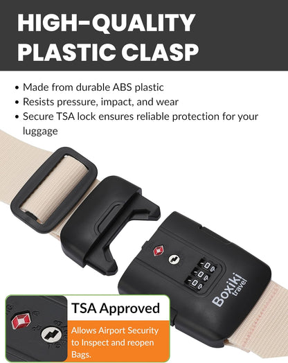 TSA Approved Luggage Straps Light Beige Set of 2 Anti-Burst Adjustable Polyester Suitcase Belts with 3-Dial Combination Lock, 190cm Heavy-Duty Travel Strap Prevents Accidental Opening