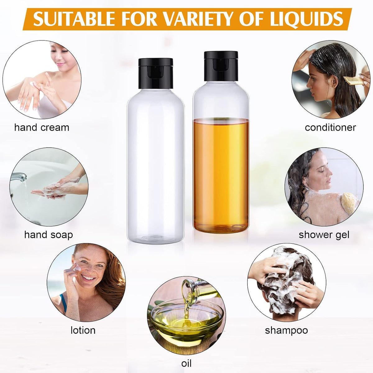 Nuenen 50 Pcs 3.4 oz Travel Size Bottles with Flip Cap Plastic 100ml Travel Bottle TSA Approved for Toiletries with 2 Funnels Small Leakproof Empty Refillable Squeeze Shampoo Containers(Clear, Black)