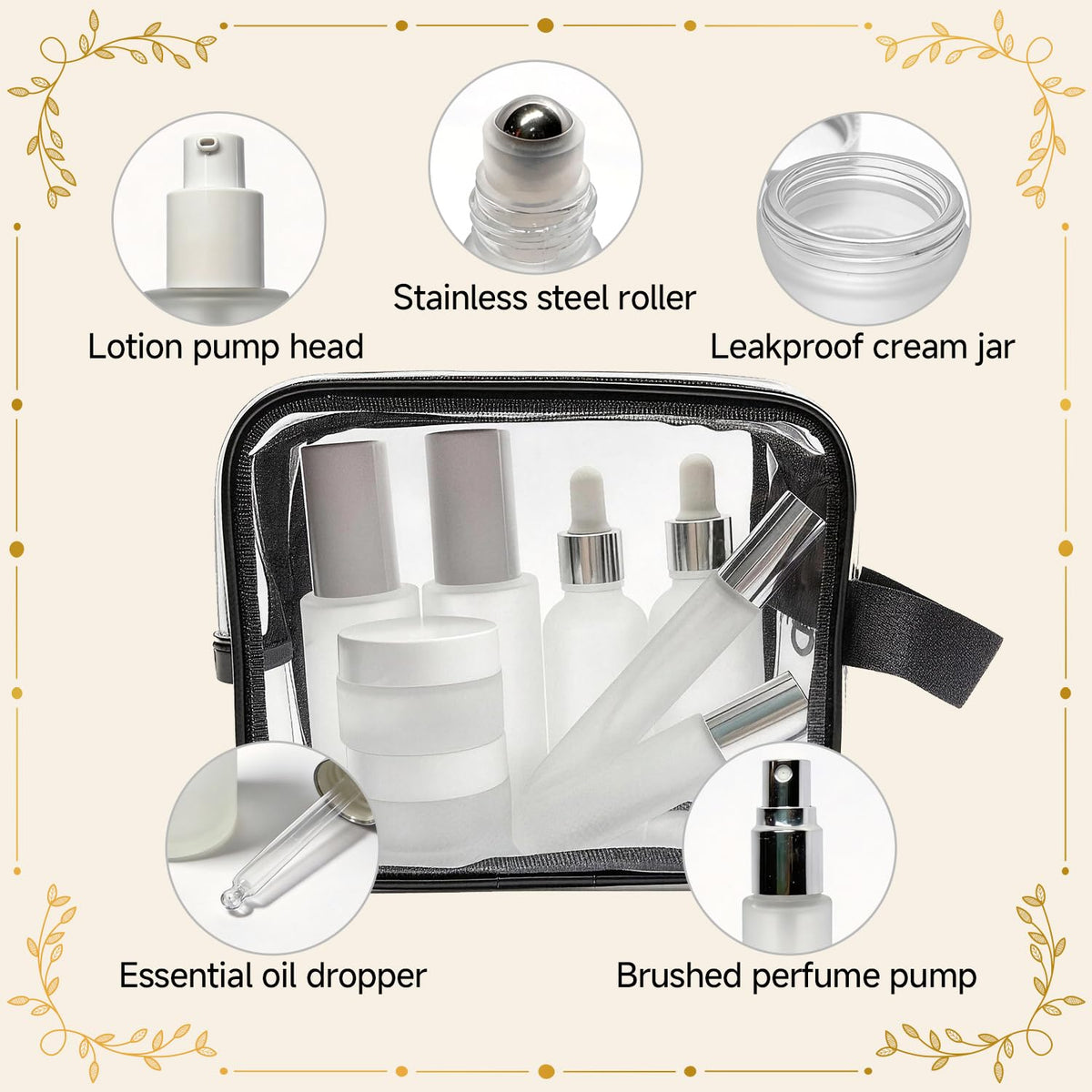 18pcs Skincare Glass Travel Bottles with Label, Travel Size for Toiletries, Leak-Proof, TSA-Approved Toiletry Bag, Travel Containers, Cosmetic Container Kits, large