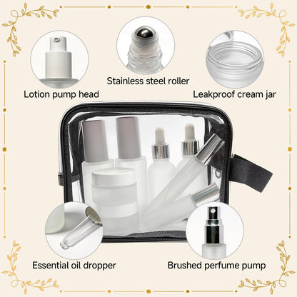 18pcs Skincare Glass Travel Bottles with Label, Travel Size for Toiletries, Leak-Proof, TSA-Approved Toiletry Bag, Travel Containers, Cosmetic Container Kits, large