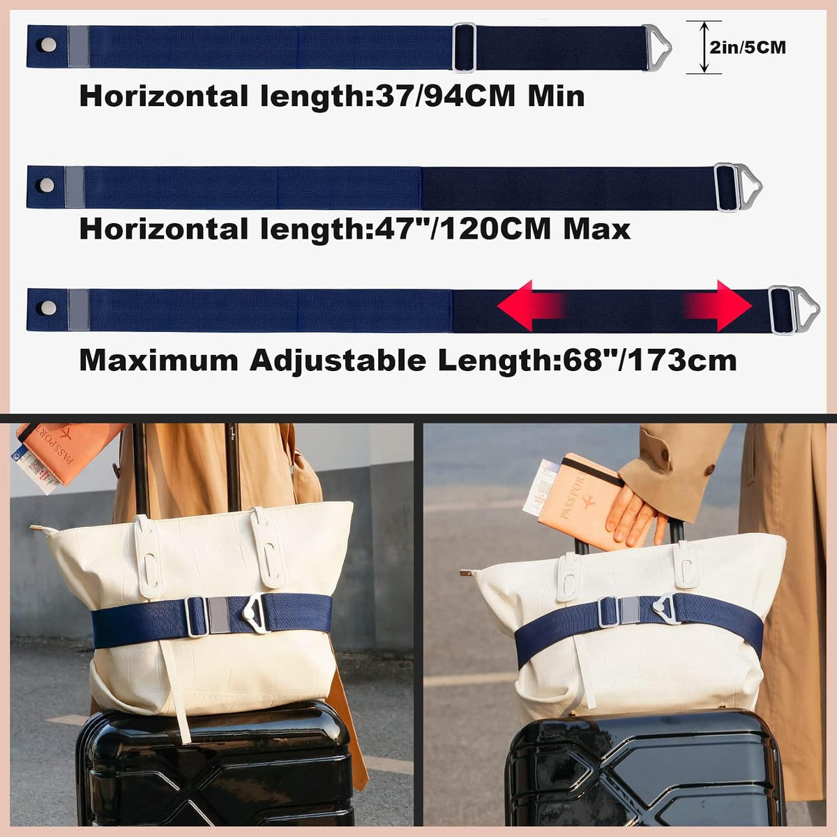 TOOVREN 2-in-1 Luggage Straps Add a Bag Bungees Travel Belt for Luggage Strap for Backpack Attachment Over Handle Carry On Bag Adjustable Elastic Suitcases Belt Travel Accessories Blue