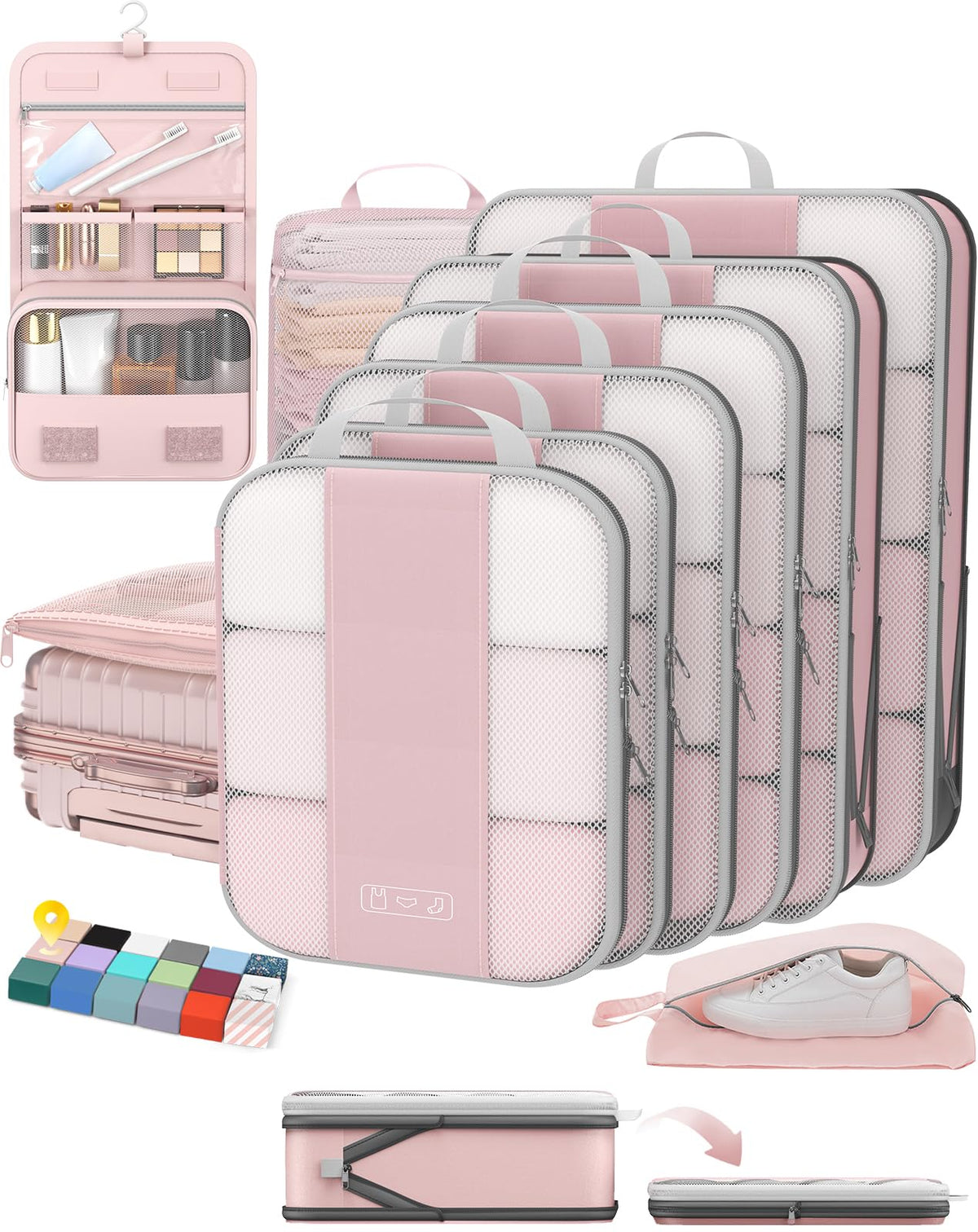 OlarHike 8 Set Compression Packing Cubes for Travel Gifts Mom Women,Airplane/Car/Cruise Travel Essentials,Compressible Expandable Space Saver Bags,Garment Bags with Over 1000 pcs Mesh Holes(Beige)