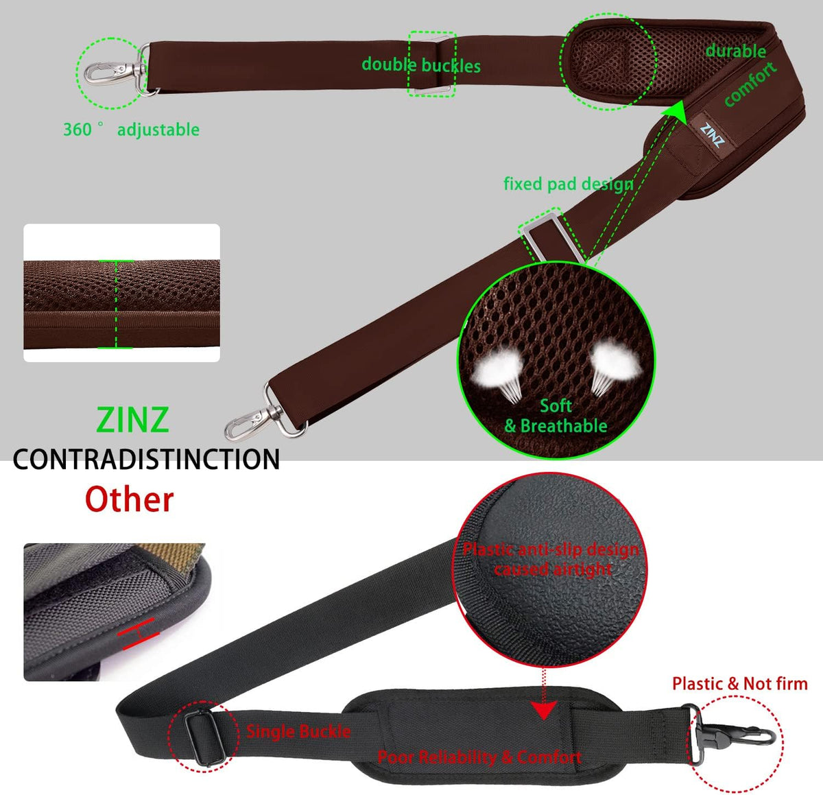 ZINZ 79 inch Shoulder Strap, Extra-thick Fixed Cushion Pad and Dual Clasps Universal Replacement Strap with Metal Swivel Hooks for Laptop Bags, Luggage Bags, Camera, Crossbody (200cm,Brown)