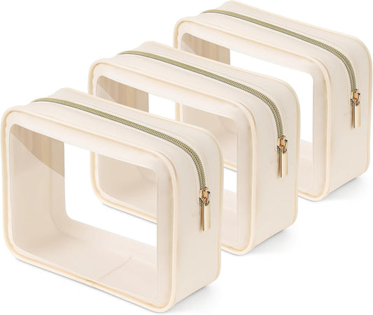 Clear Toiletry Bag, TSA Approved Makeup Bag, 3 Pack, Beige