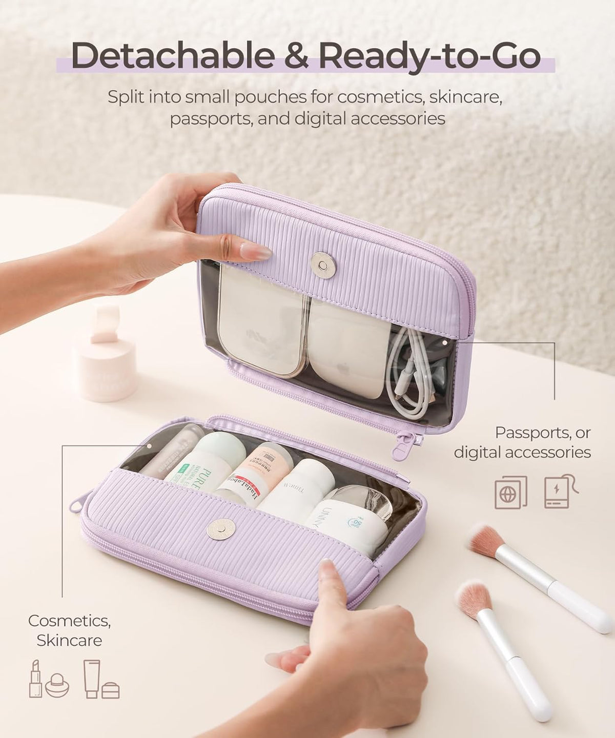 Rectangle Double Detachable Travel Pouch, 2-in-1 Two-Sided Makeup Bag for Women, Clear-Side Cosmetic Organizer for Beauty, Tech Accessories and Travel Essentials