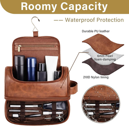 Father's Day Travel Toiletry Bag for Men, Leather Waterproof Shaving Kit Bag with Hanging Hook, Birthday Anniversary Christmas Presents for Father(DB-P)