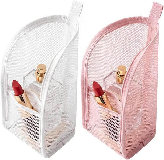 Standing Toiletry Bag, 2026 Upgrade Mesh Large Capacity Cosmetic Waterproof Bag, Portable Lightweight Travel Toiletry Bag Water Resistant Toiletries Storage Bag (White+Pink 2Pack)