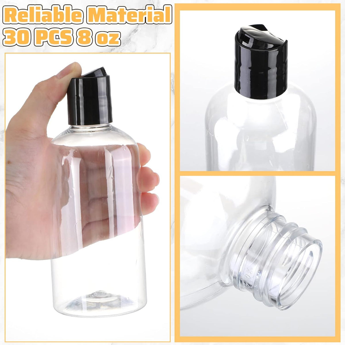 Irenare 30 Pcs 8 oz Clear Plastic Travel Bottles with Black Disc Cap